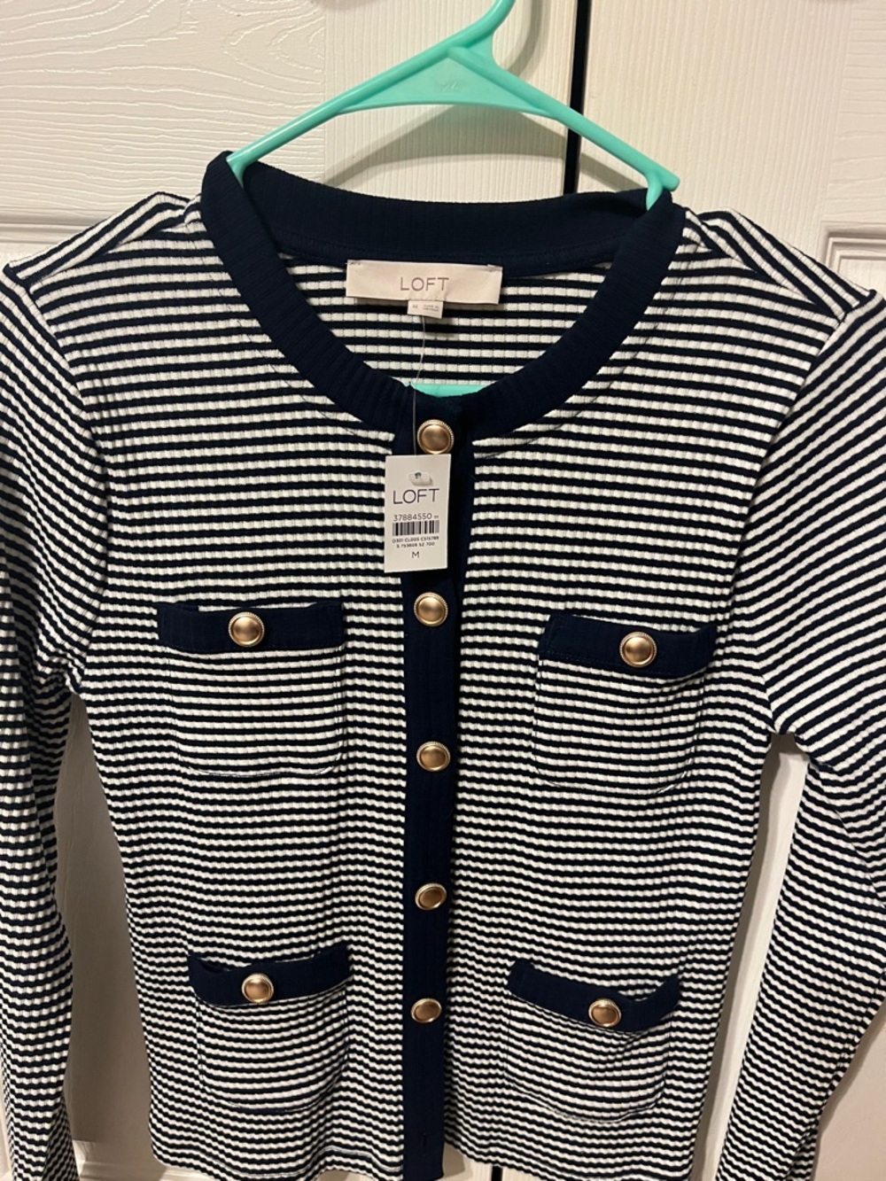 LOFT Navy & White Striped Button Cardigan